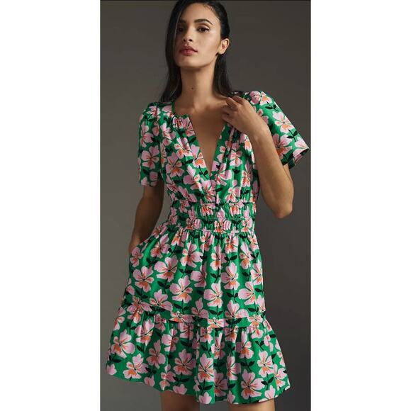 Anthropologie Dresses & Skirts - By Anthropologie The Somerset Mini Dress Green Pink Orange Floral Size XL Petite